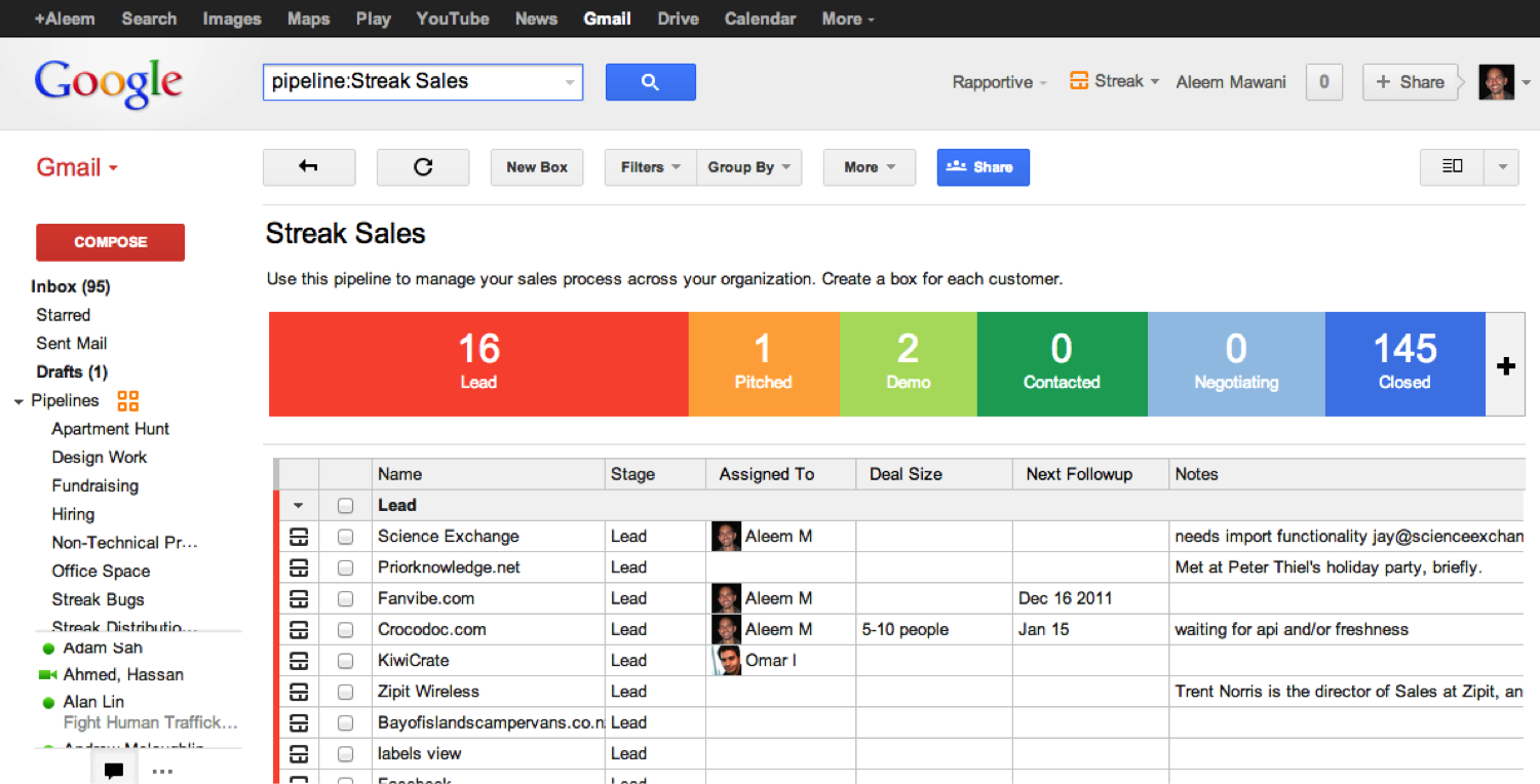 Gmail-integrated Streak CRM dashboard helping users track emails, tasks, and workflows.