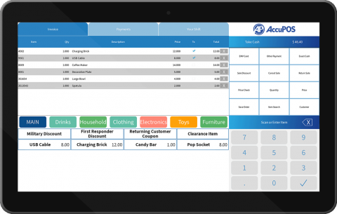 AccuPOS user interface displaying touchscreen menu with sales, inventory, and customer options.