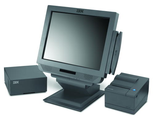 IBM POS full kit including terminal, cash drawer, barcode scanner, receipt printer, and customer display for retail environments.