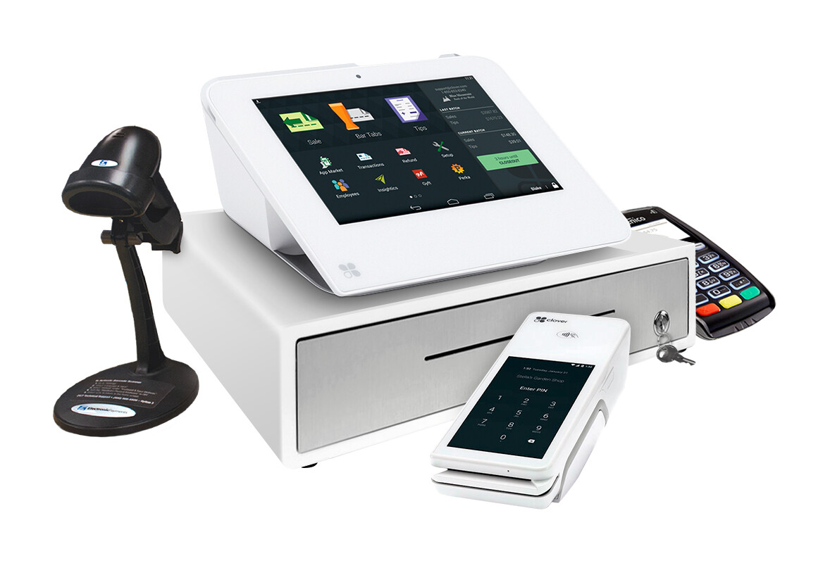Key capabilities including customizable hardware options, payment processing, inventory management, and detailed reporting for retail and restaurant businesses.